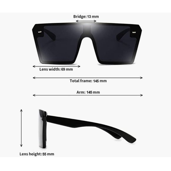 Shiny Black Square Oversized Sunglasses Rectangular Rimless Mirror Sunglasses - Picture 5 of 8
